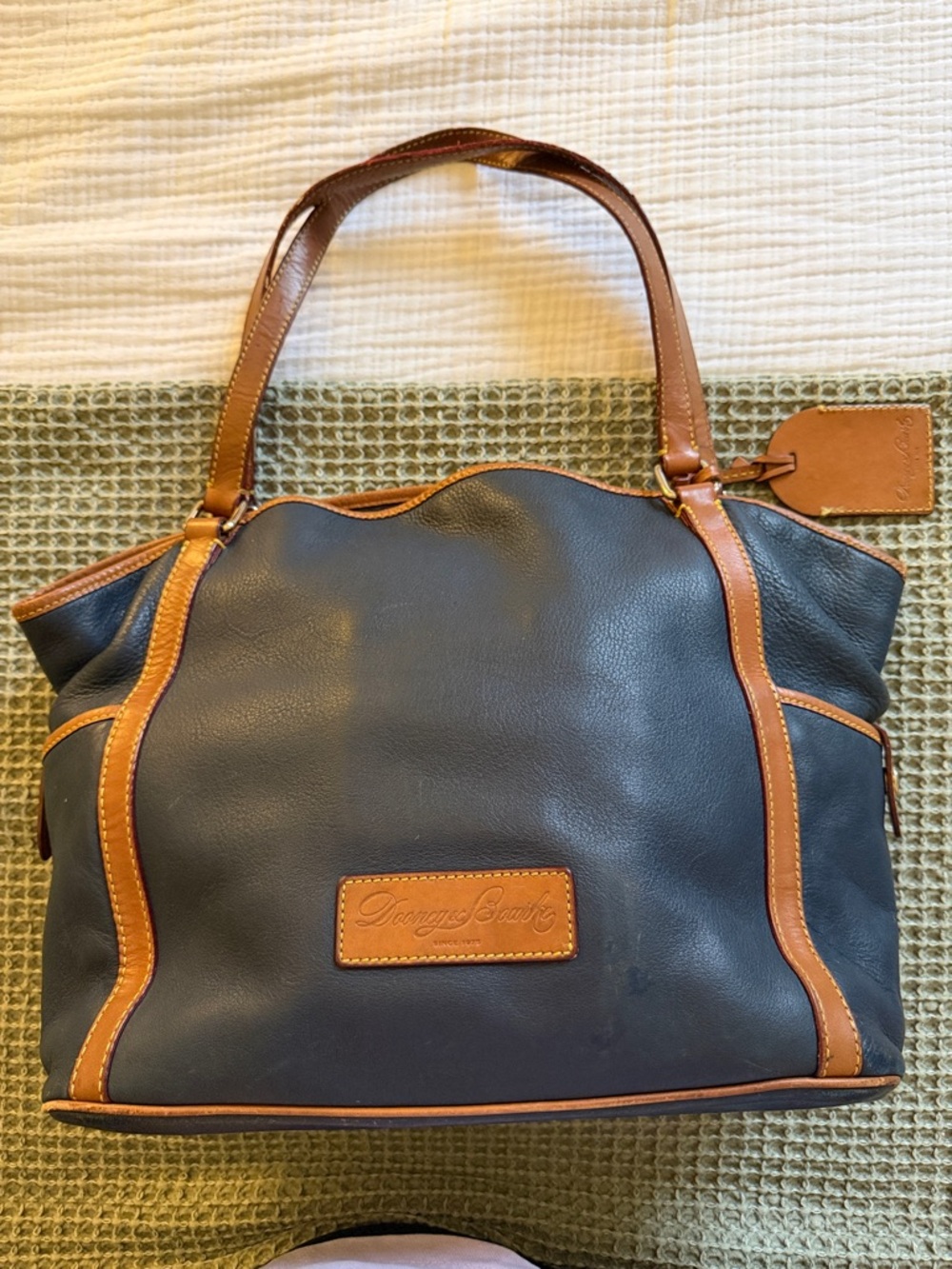 Dooney & Bourke Navy Leather Tote with Tan Trim and Handles